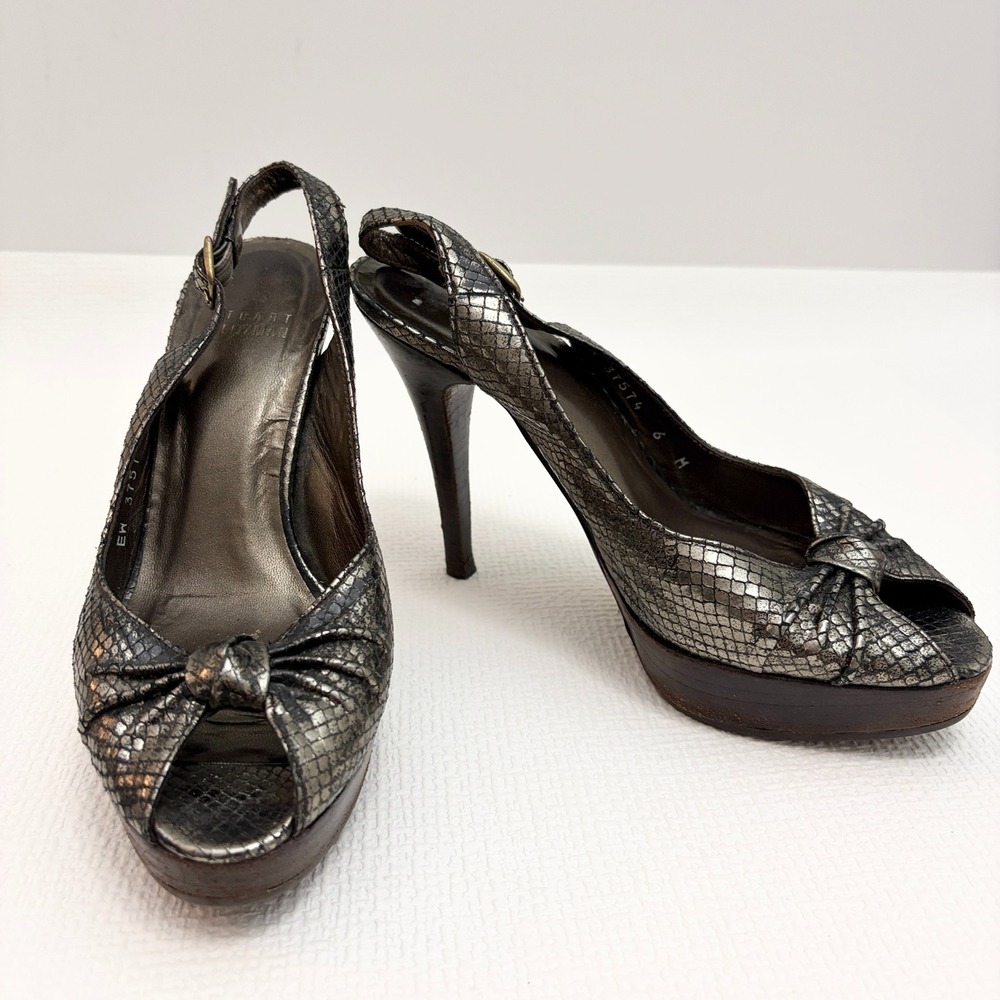 Stuart Weitzman Heels Snakeskin Platform Peep Toe 6 M Silver Metallic